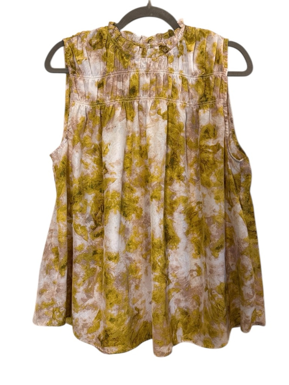 Joie Women’s Gold Cream Abstract Ruffle-Neck Sleeveless Artsy Tank sz XL